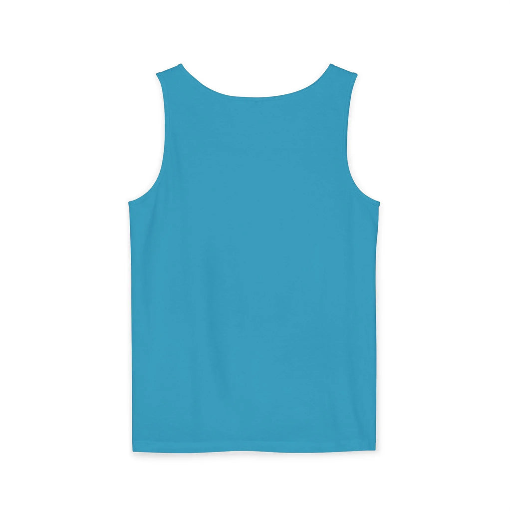 Back view of plain blue sleeveless tank top on white background