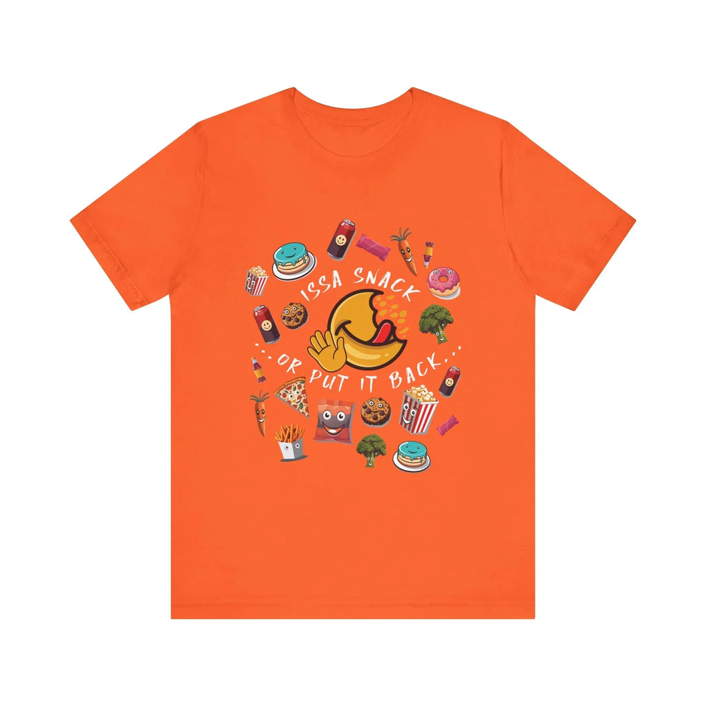 Orange t-shirt with cartoon snacks, emoji, and 'Issa Snack Or Put It Back' text design.