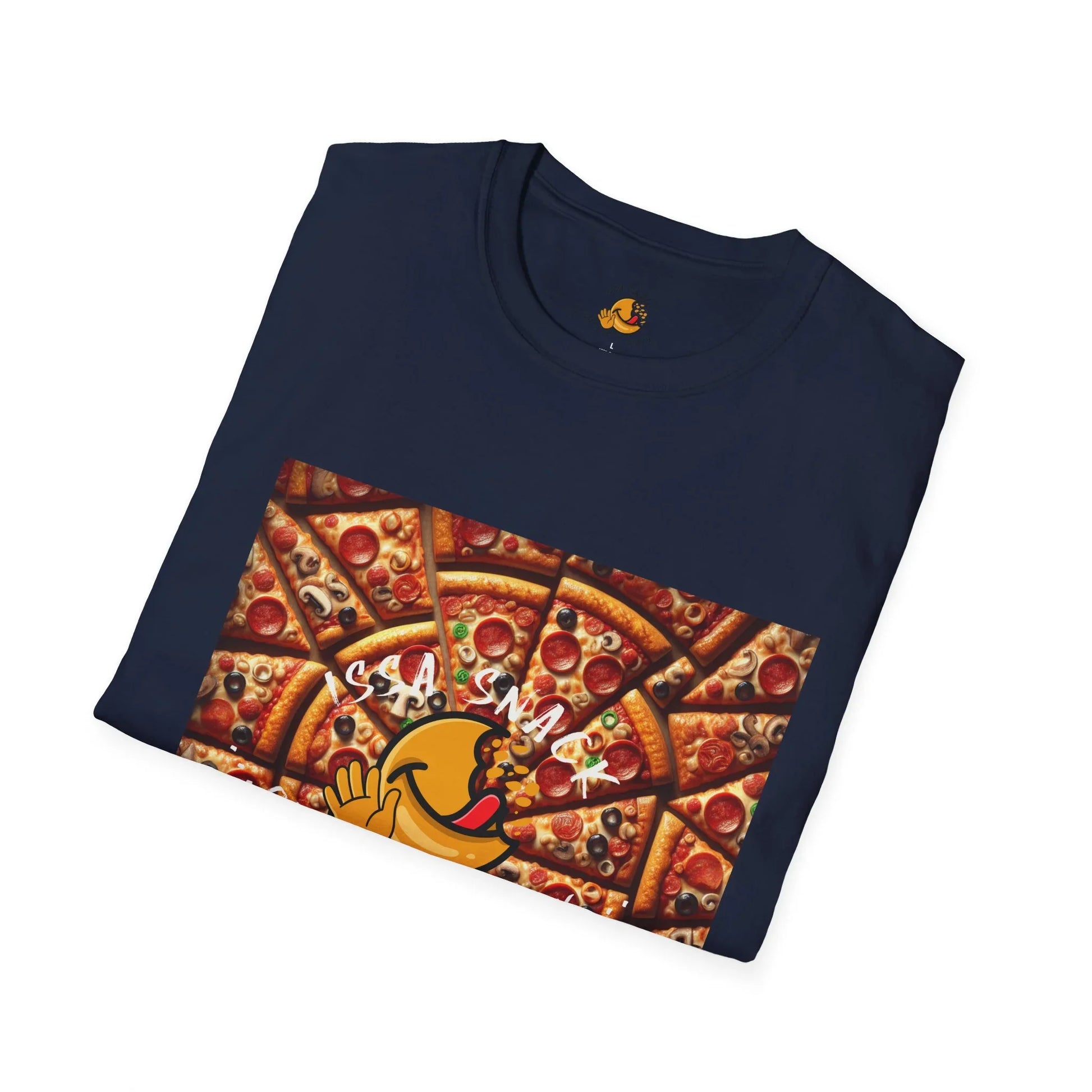 Navy t-shirt with cartoon character and assorted pizza slices graphic, text 'Issa Snack'