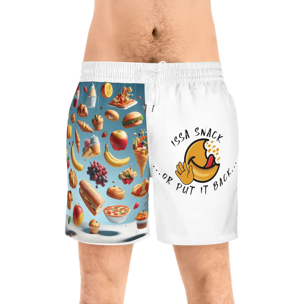 Men's shorts with colorful food print on one leg, smiley face and 'Issa Snack or Put it Back' text on the other