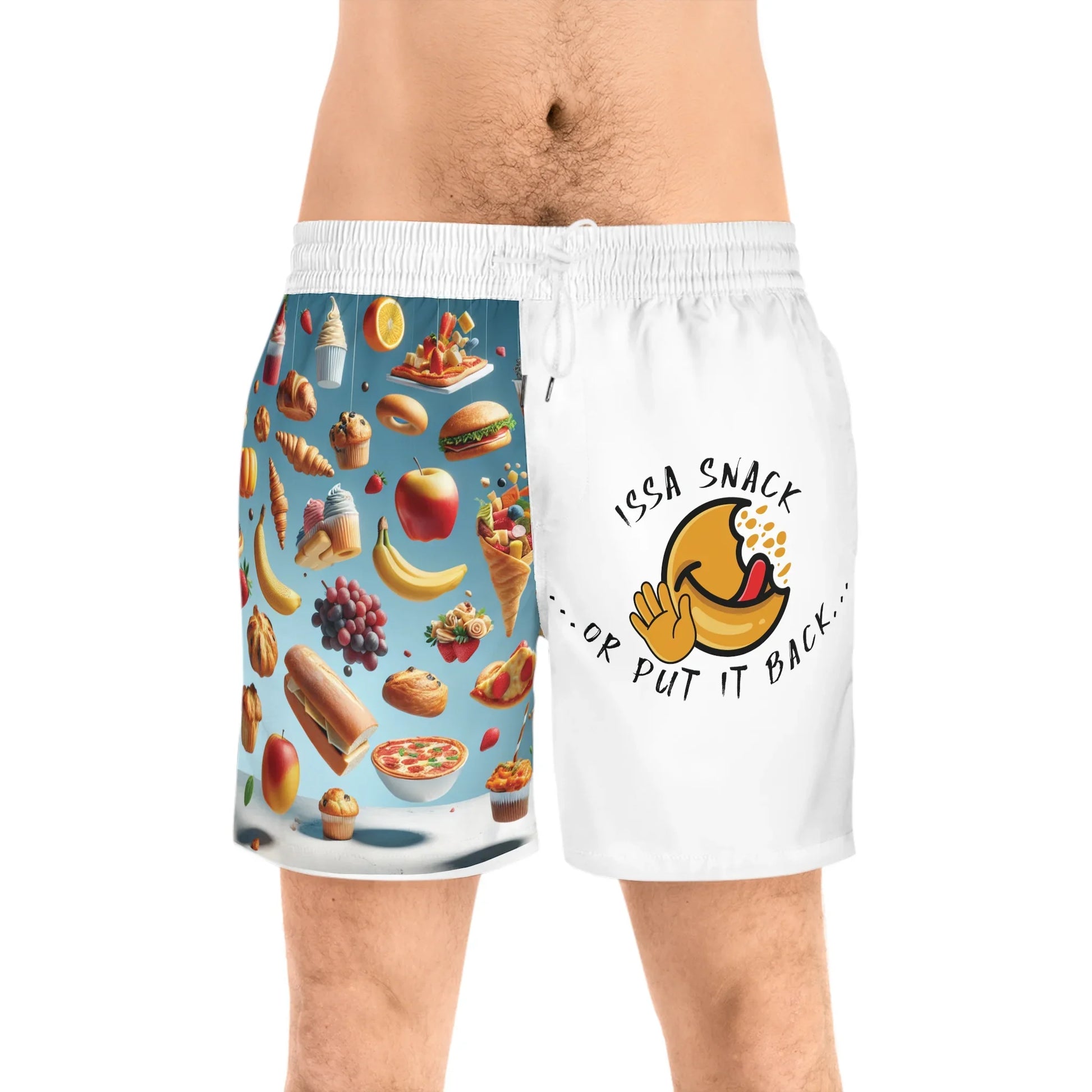 Men's shorts with colorful food print on one leg, smiley face and 'Issa Snack or Put it Back' text on the other