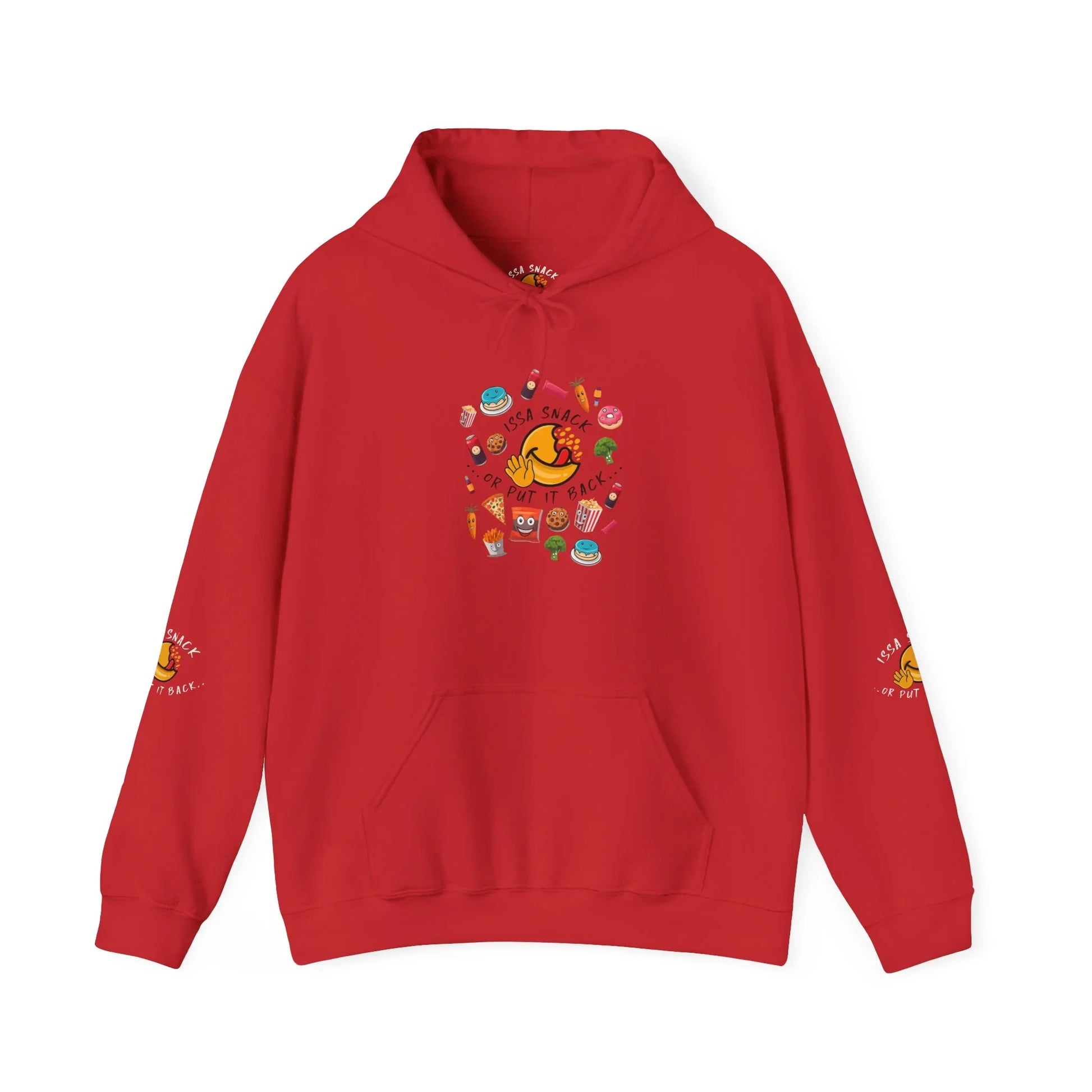 Red hoodie with colorful snack illustrations and 'Issa Snack or Put It Back' text on front and sleeve