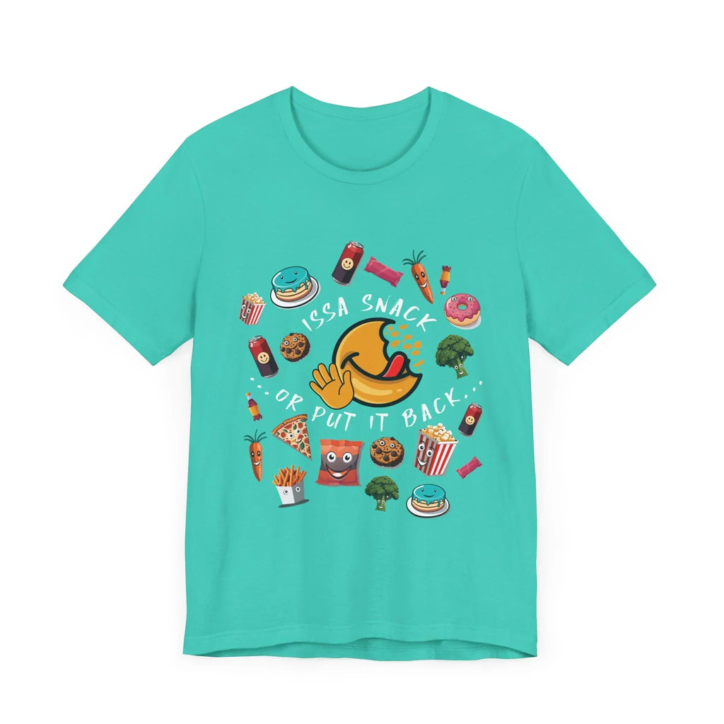 Aqua t-shirt with cartoon snacks, emoji face, and 'Issa Snack or Put It Back' slogan