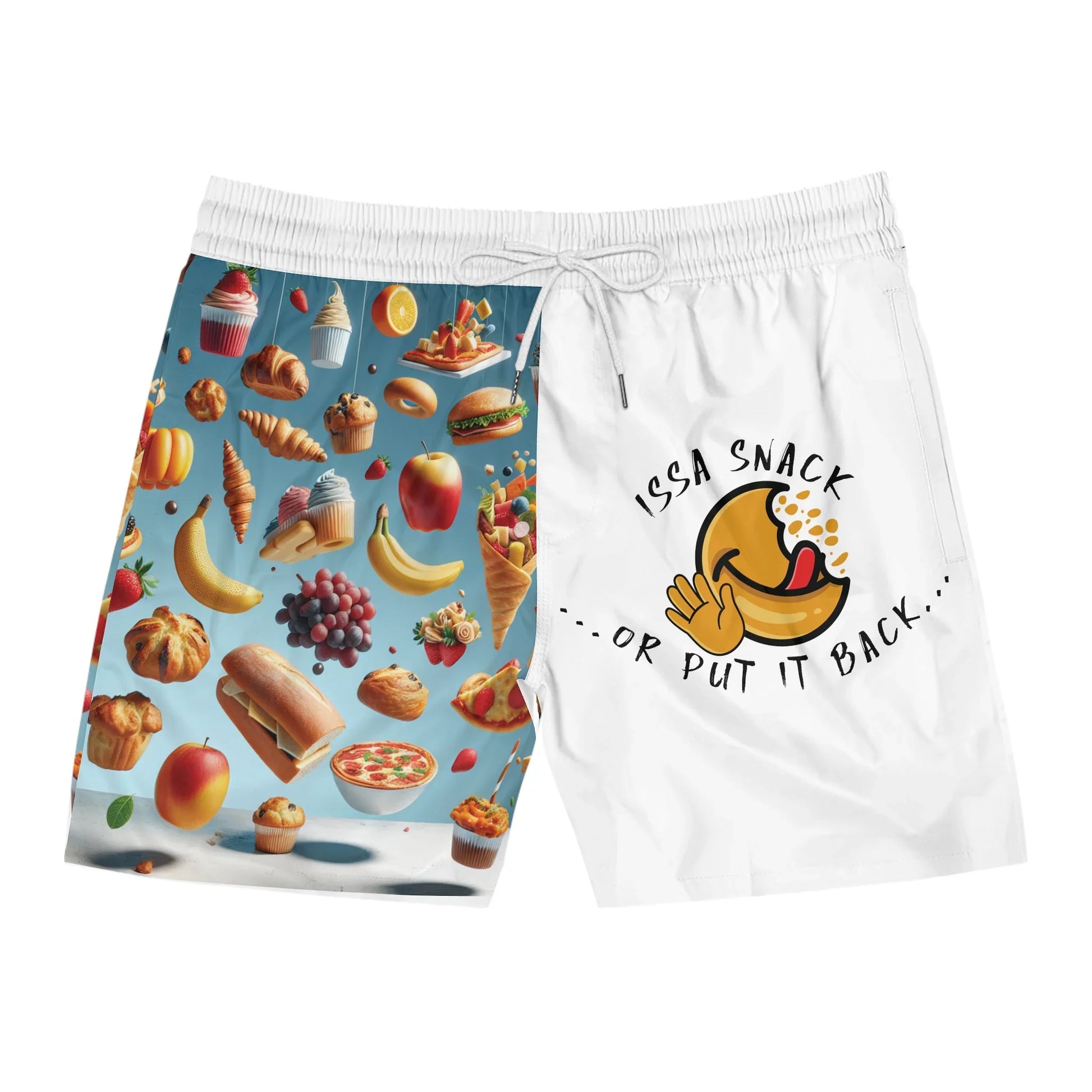 Men's swim trunks with vibrant snack food pattern, white panel and 'Issa Snack or Put It Back' text