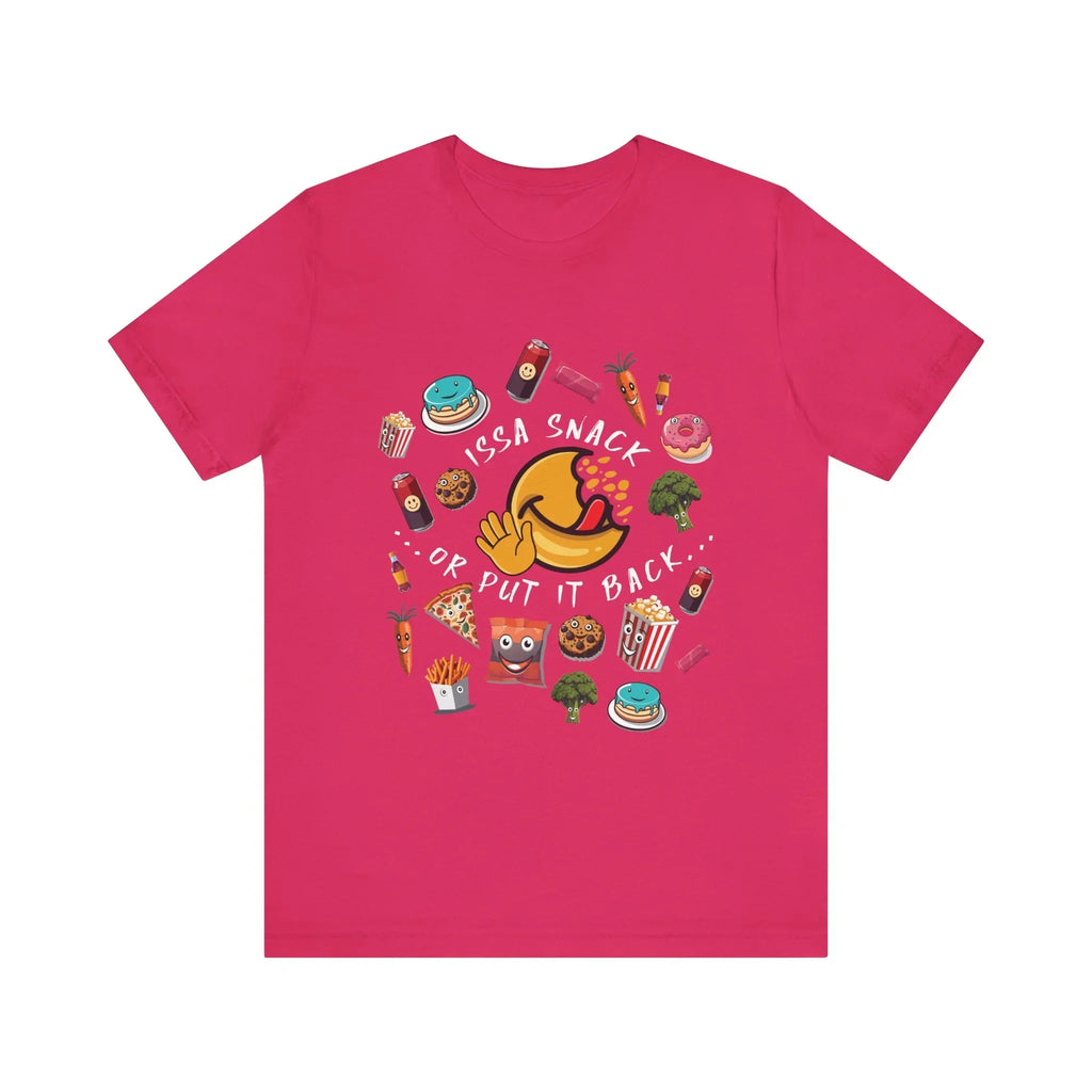 Pink t-shirt with cartoon snacks and text 'Issa Snack or Put It Back' in playful design