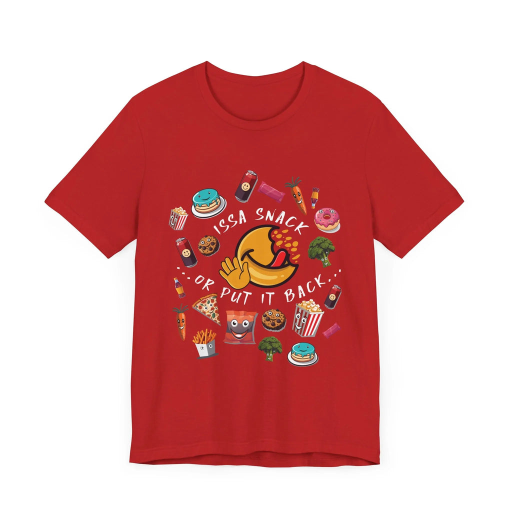 Red t-shirt with snack food graphics and 'Issa Snack Or Put It Back' text