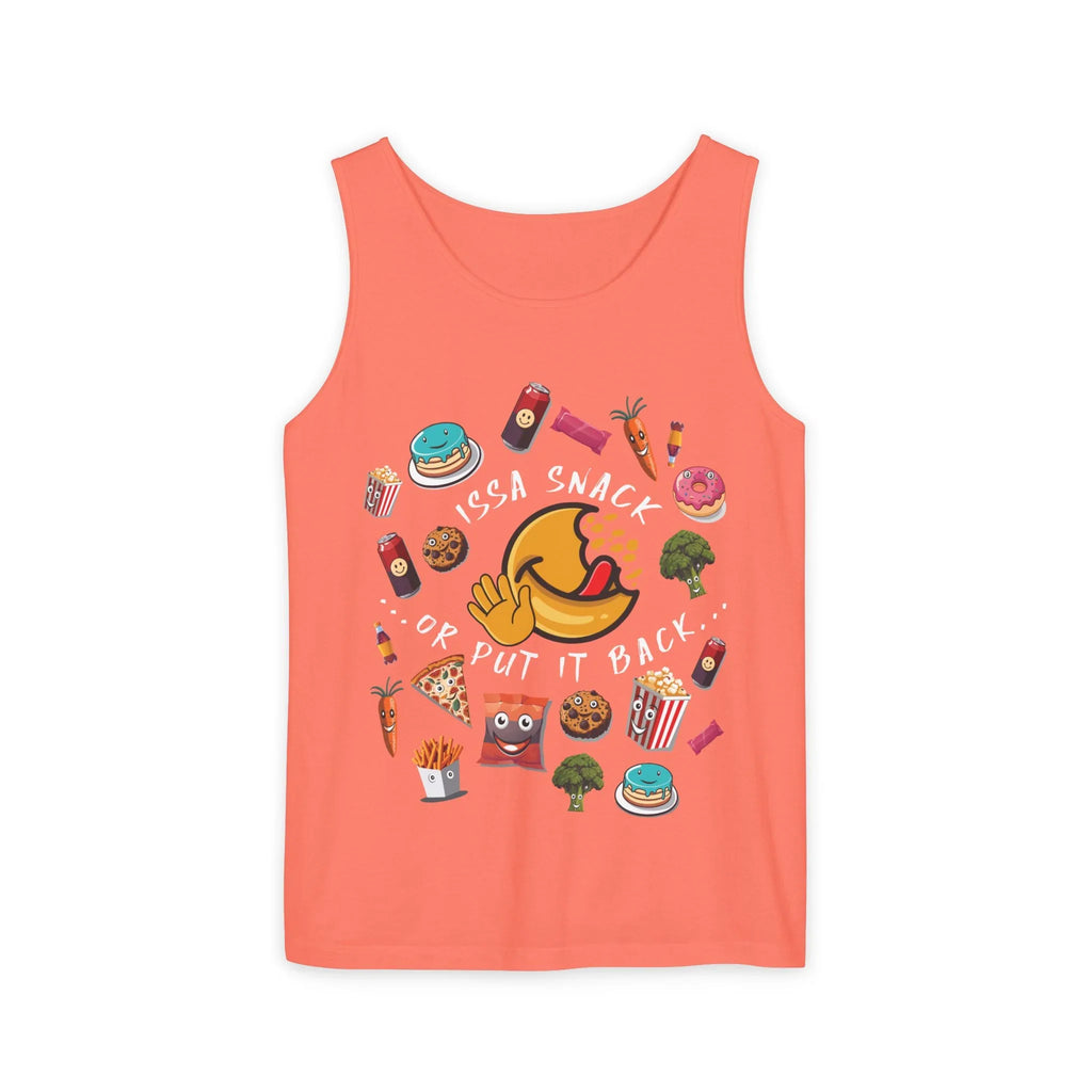 Coral tank top with cartoon foods and text 'Issa Snack Or Put It Back' in playful design.