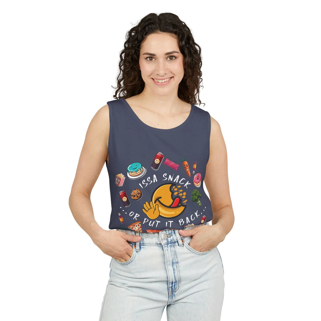 Woman wearing navy tank top with cartoon snacks and 'Issa snack or put it back' text