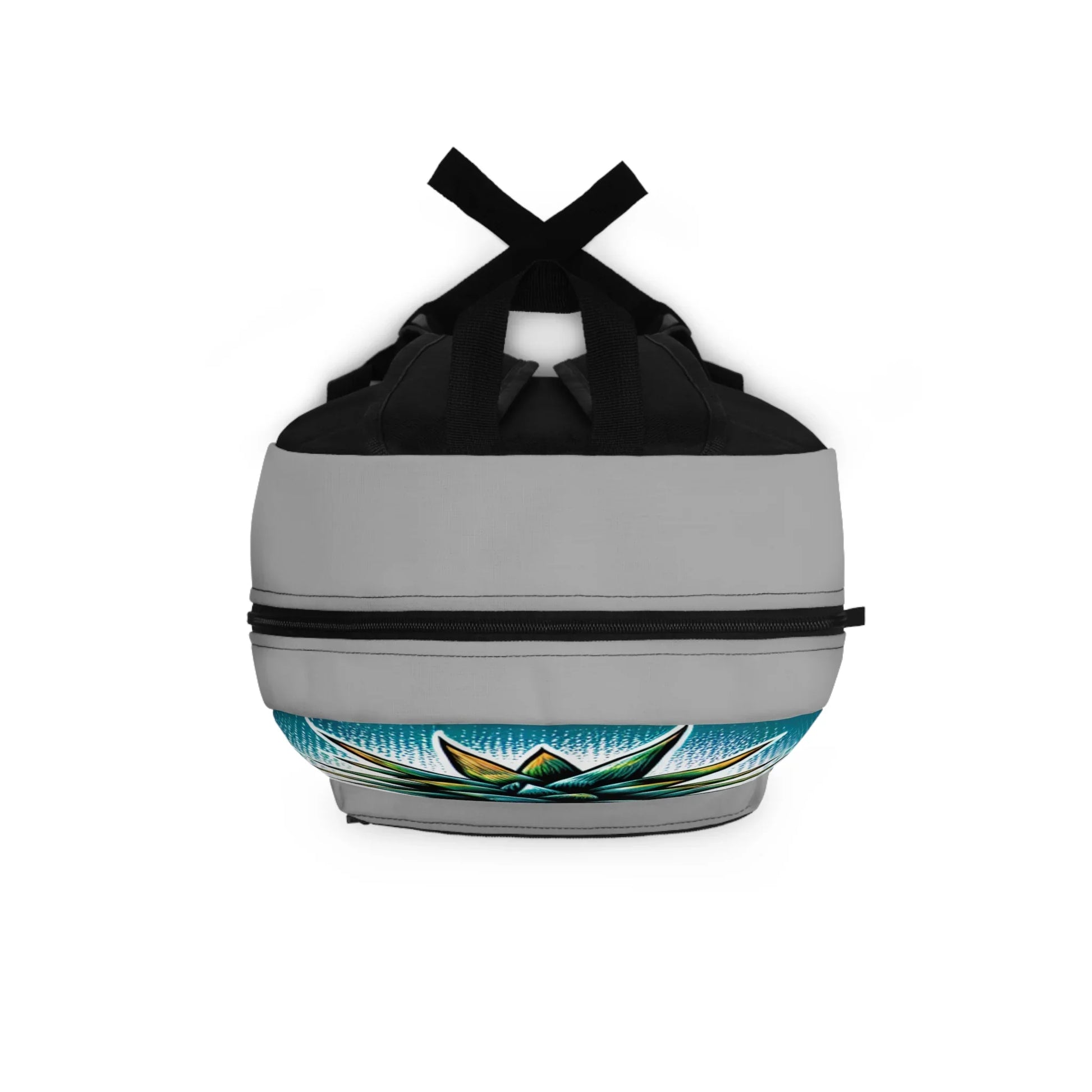 Gray and black duffel bag with artistic blue lotus flower print on white background