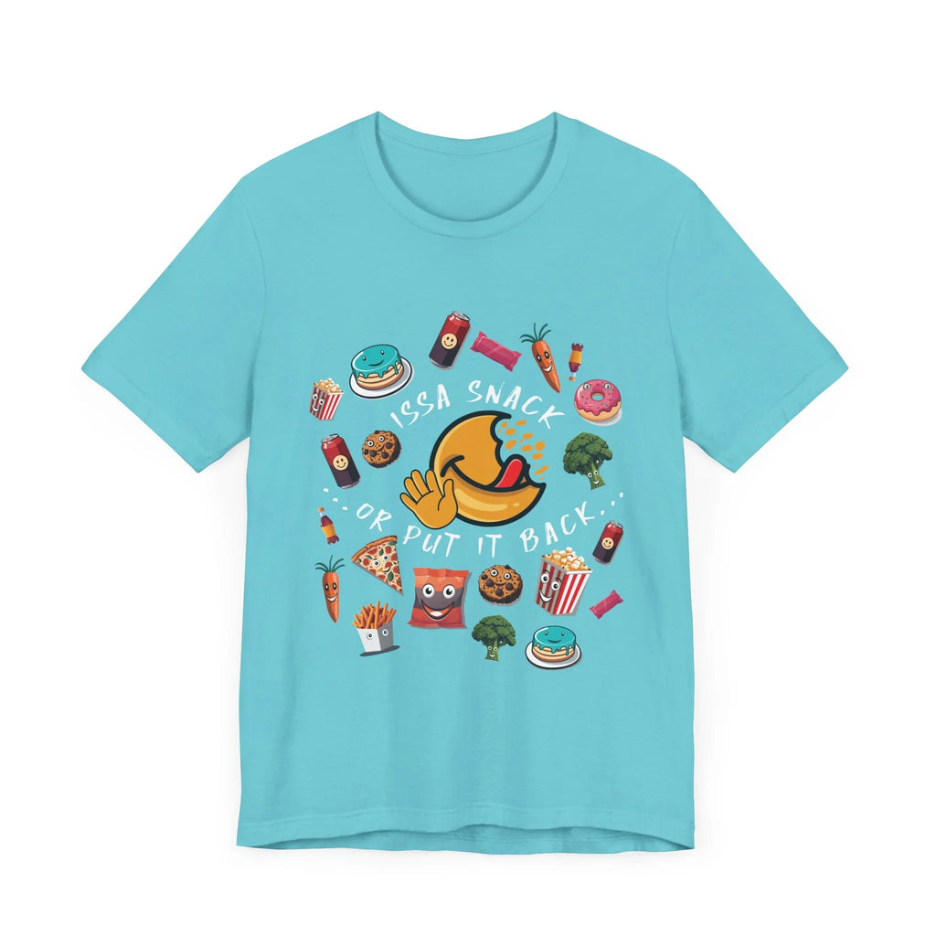 Blue t-shirt with cartoon snacks and 'Issa Snack or Put It Back' text on front.