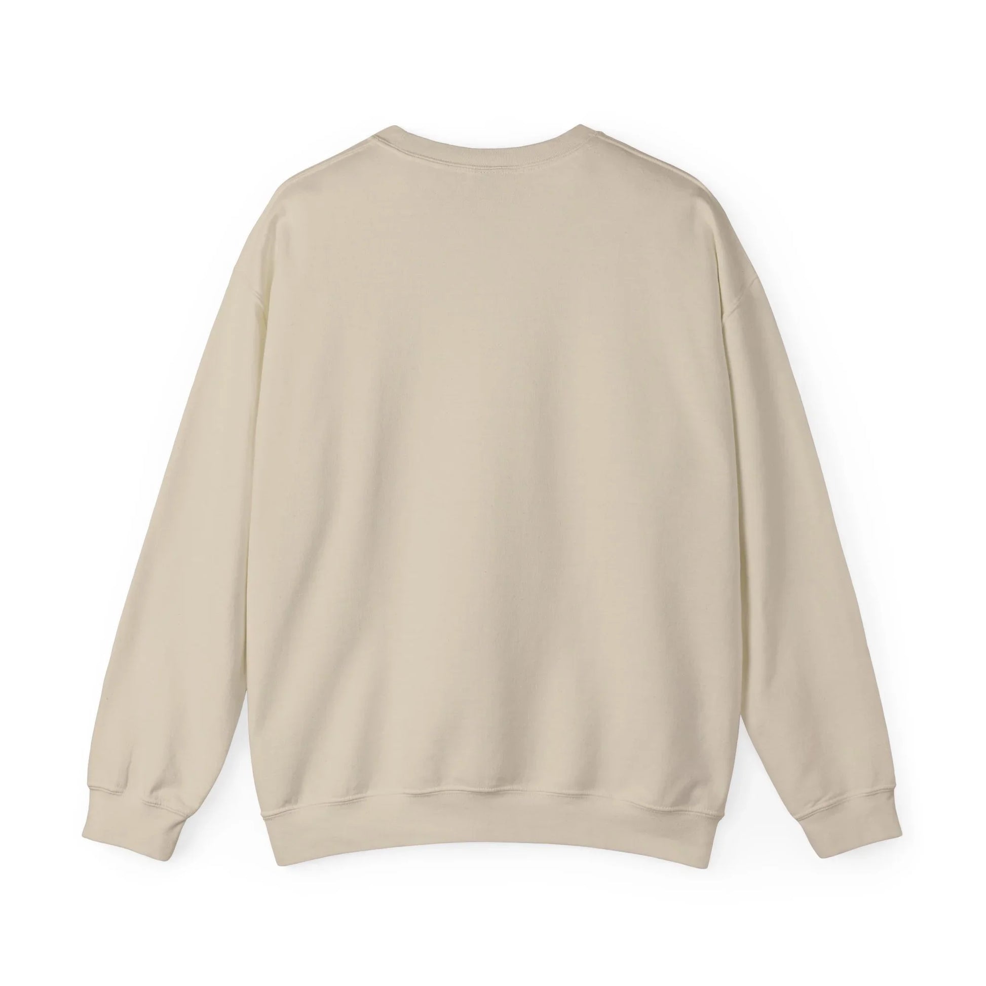 Beige crewneck sweatshirt, back view, plain design, long sleeves, casual apparel