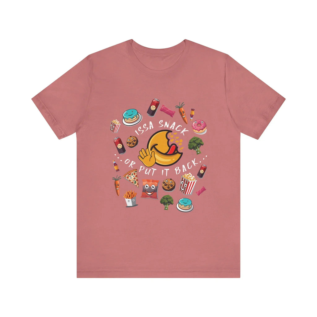 Pink t-shirt with cartoon snacks and text 'Issa Snack or Put It Back' in playful font