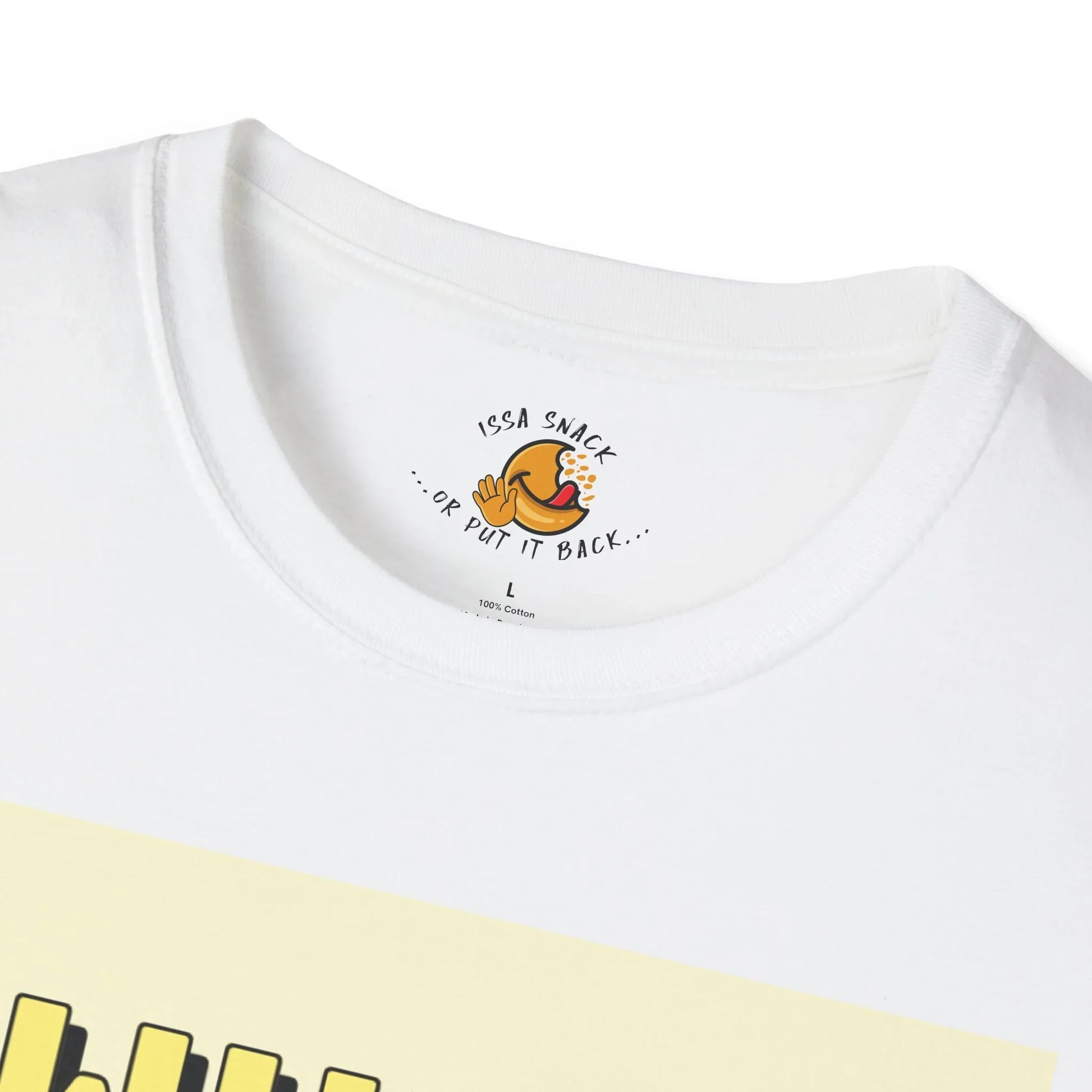 White cotton t-shirt with 'ISSA SNACK OR PUT IT BACK' text and orange snack graphic on collar