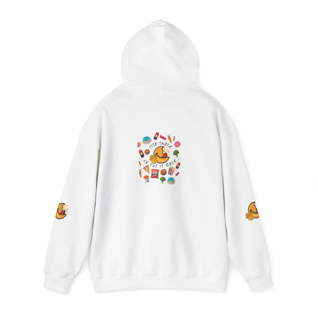 White hoodie with playful snack food graphics and 'Issa Snack or Put It Back' text on the back