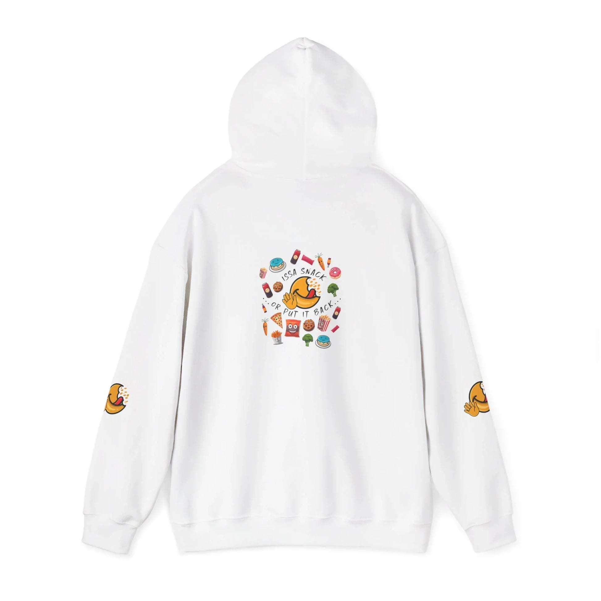 White hoodie with playful snack food graphics and 'Issa Snack or Put It Back' text on the back