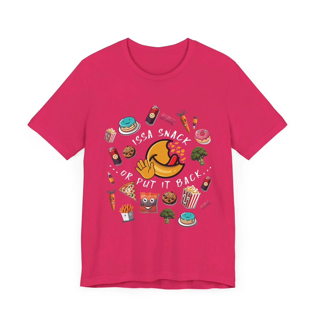 Pink t-shirt with cartoon snacks, emoji face, and 'Issa Snack or Put It Back' text.
