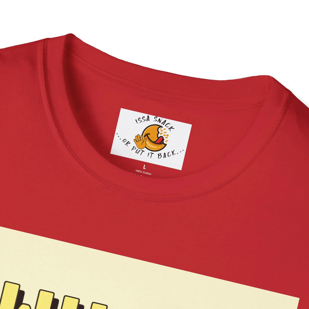 Red cotton t-shirt with 'Issa Snack Or Put It Back' label and cartoon graphic on neckline