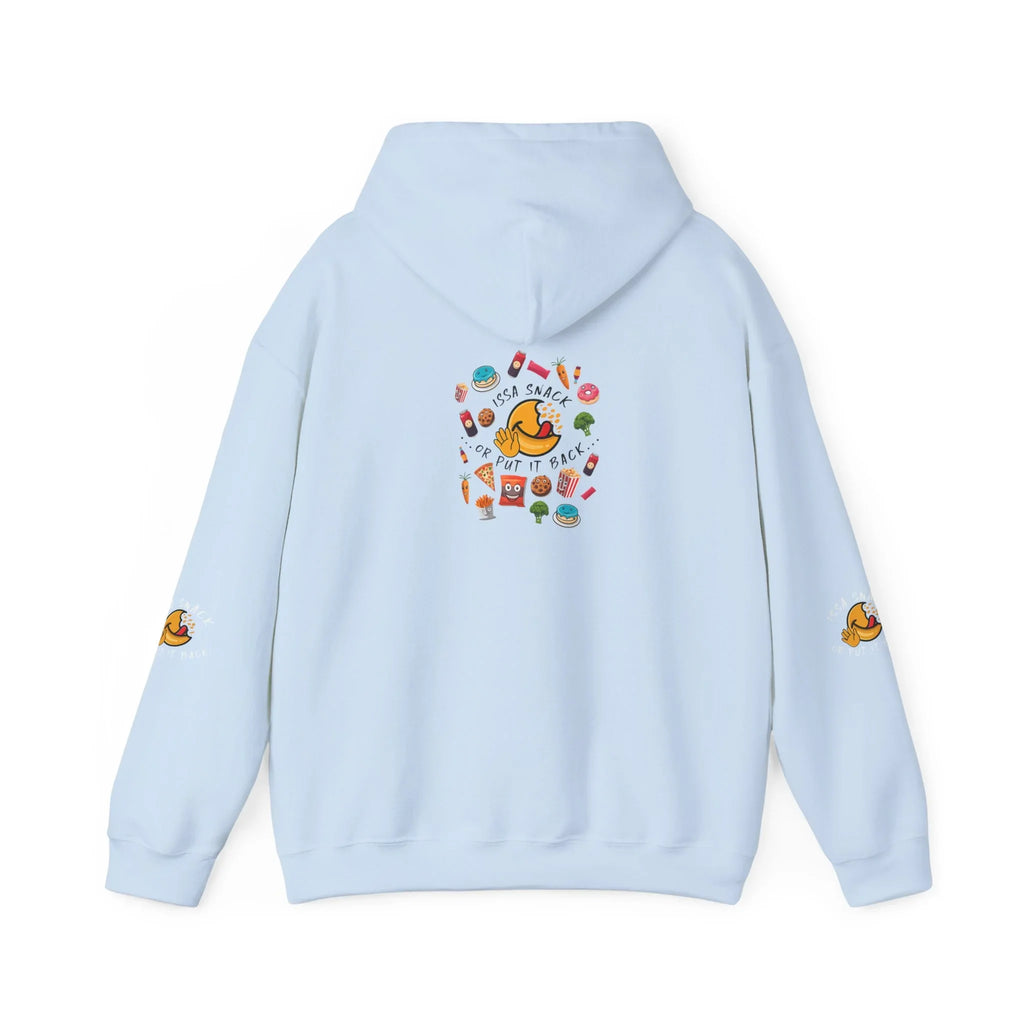Light blue hoodie with colorful cartoon snack graphics and text 'ISSA SNACK OR PUT IT BACK' on back