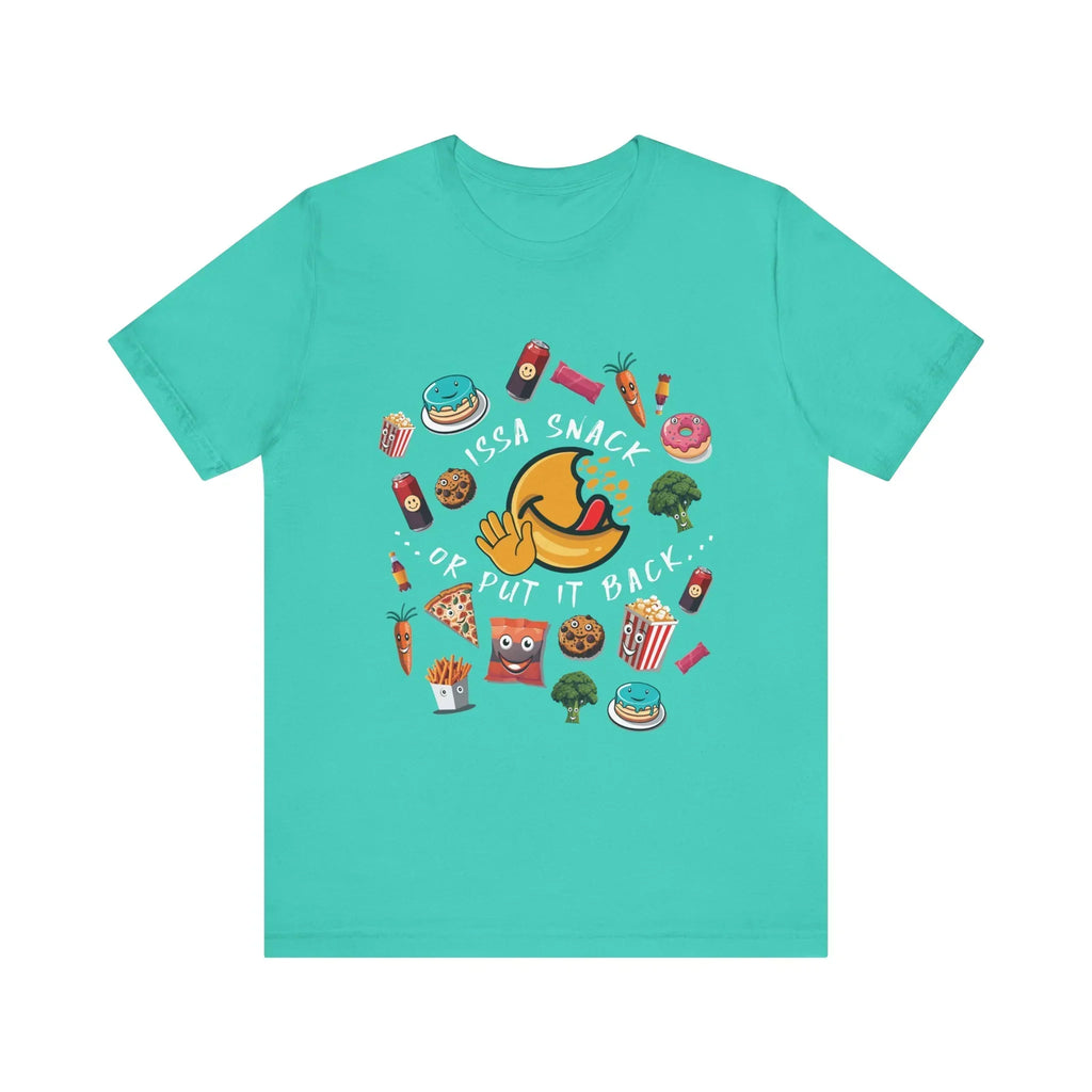 Teal t-shirt with cartoon snacks and text 'Issa Snack or Put It Back' on the front