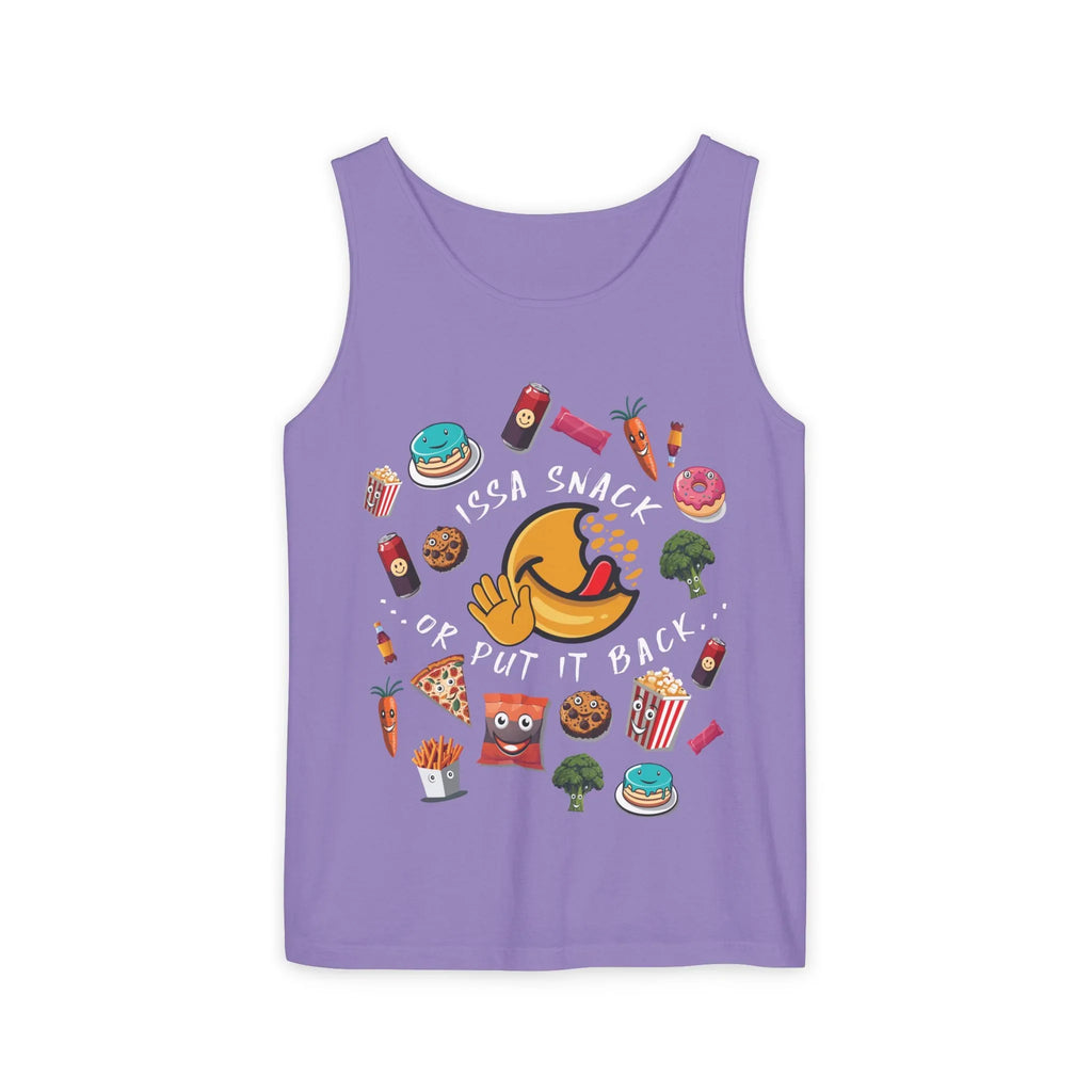 Purple tank top with cartoon snacks, emoji, and 'Issa Snack Or Put It Back' text design