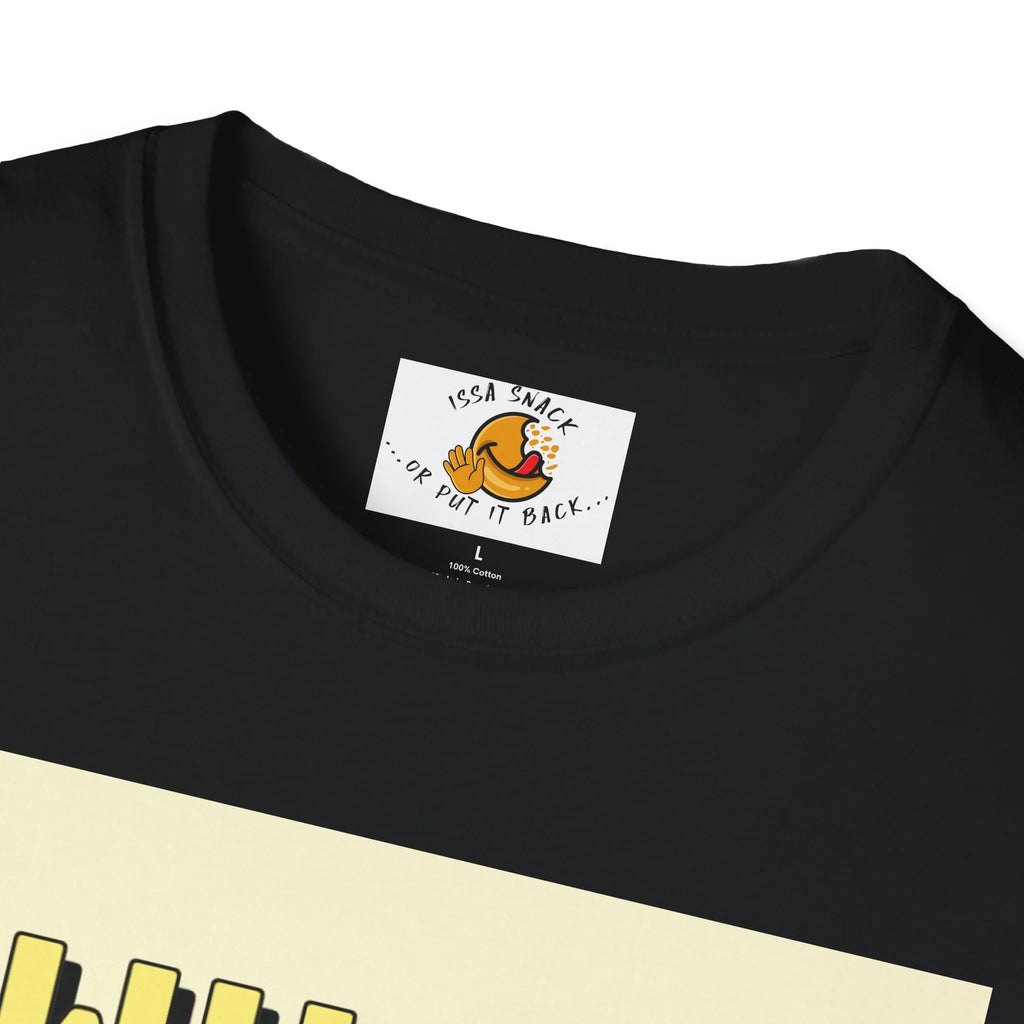 Black t-shirt collar with label featuring cartoon pizza, text 'ISSA SNACK OR PUT IT BACK', size L