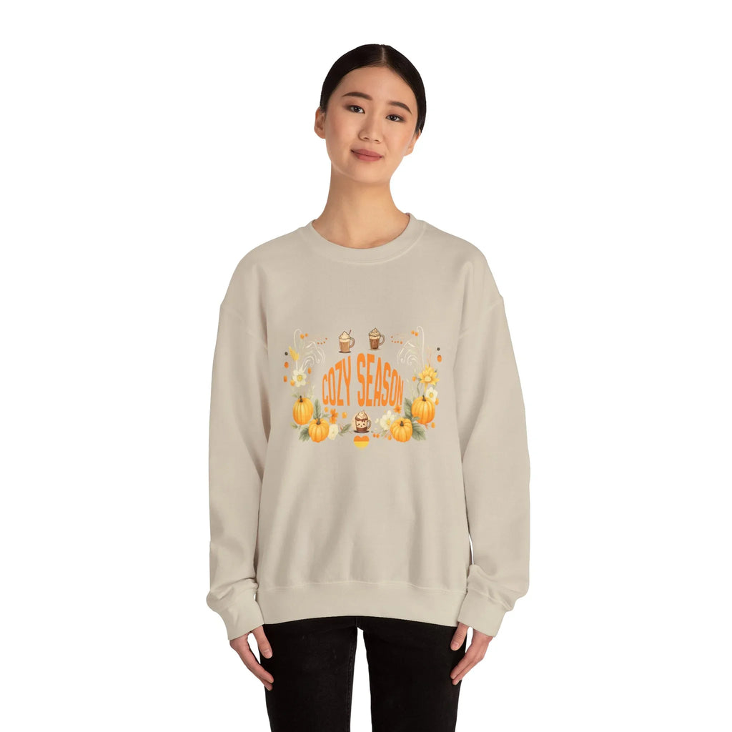 Woman wearing beige sweatshirt with cozy season pumpkin fall design on white background