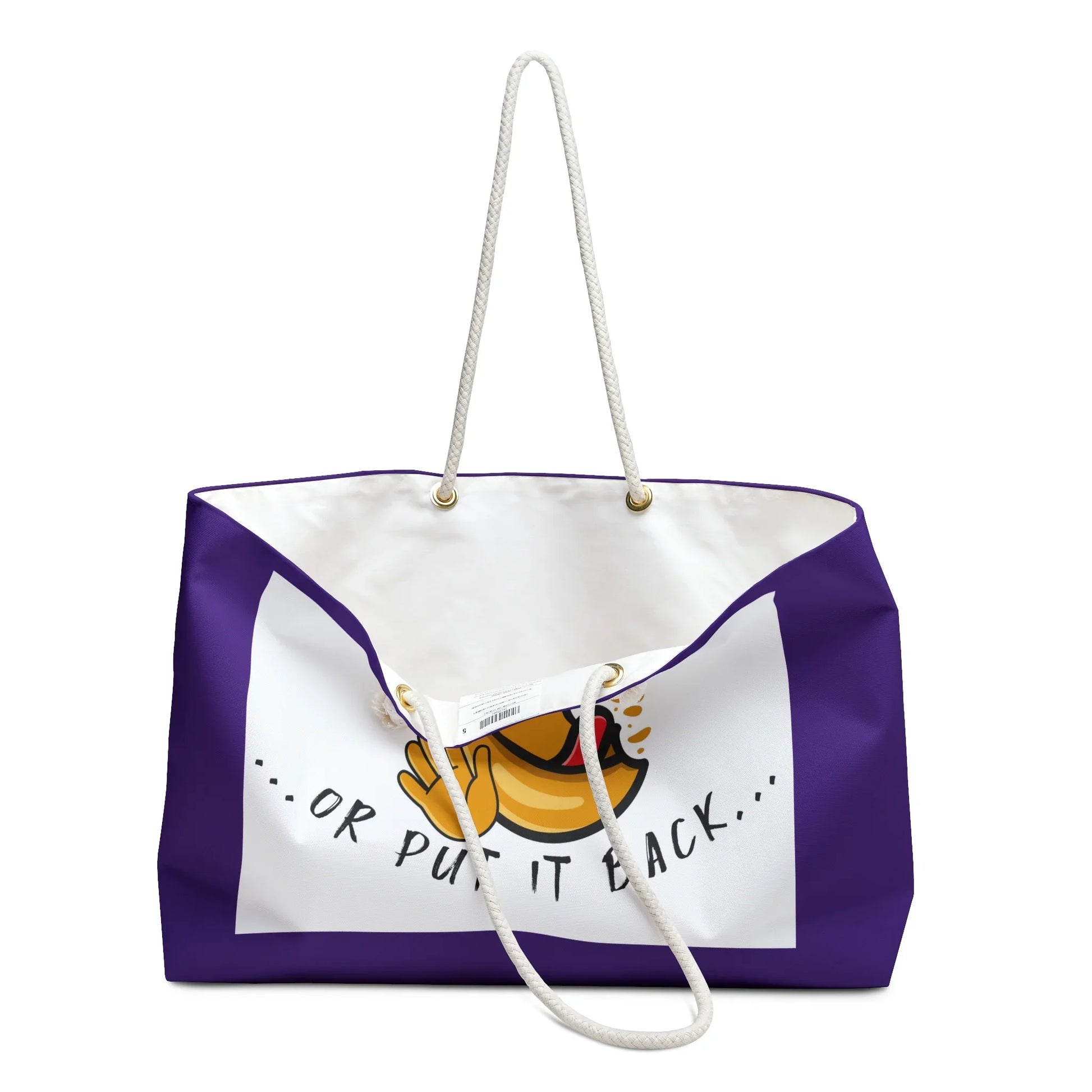 Purple tote bag with cartoon emoji and 'or put it back' text, white rope handles