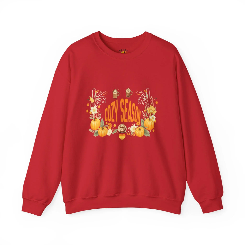 Red sweatshirt with 'Cozy Season' text, pumpkins, acorns, fall flowers, and mugs design