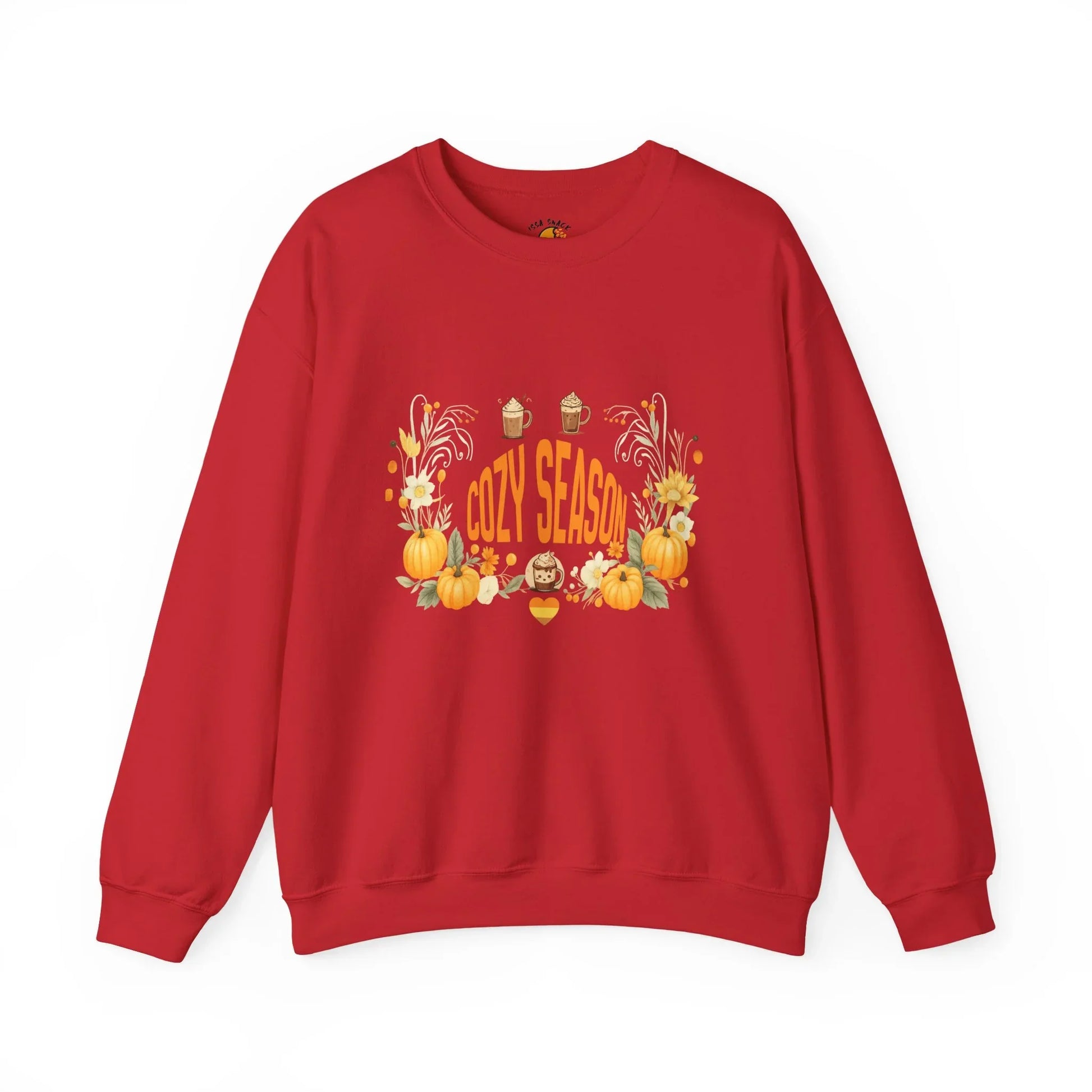 Red sweatshirt with 'Cozy Season' text, pumpkins, acorns, fall flowers, and mugs design
