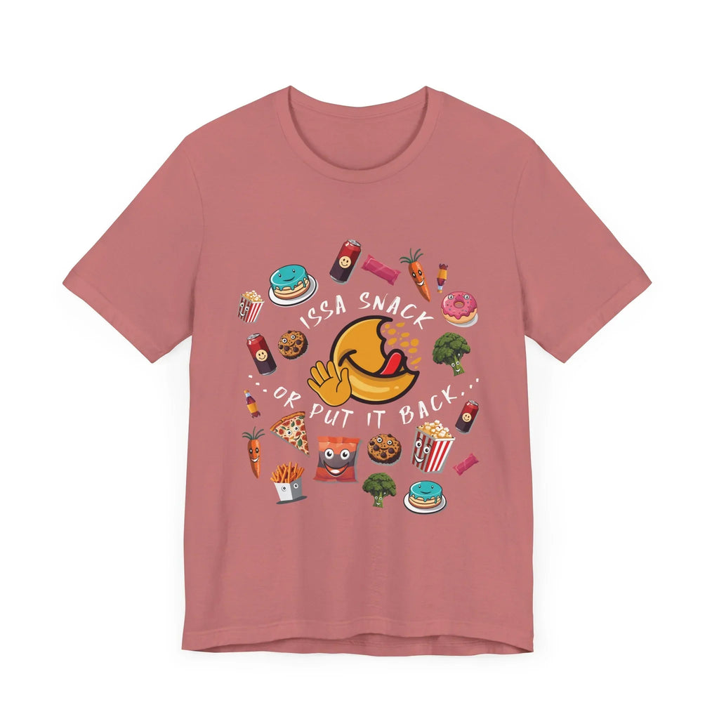 Pink t-shirt with cartoon snacks, pizza, donuts, and 'Issa Snack Or Put It Back' text