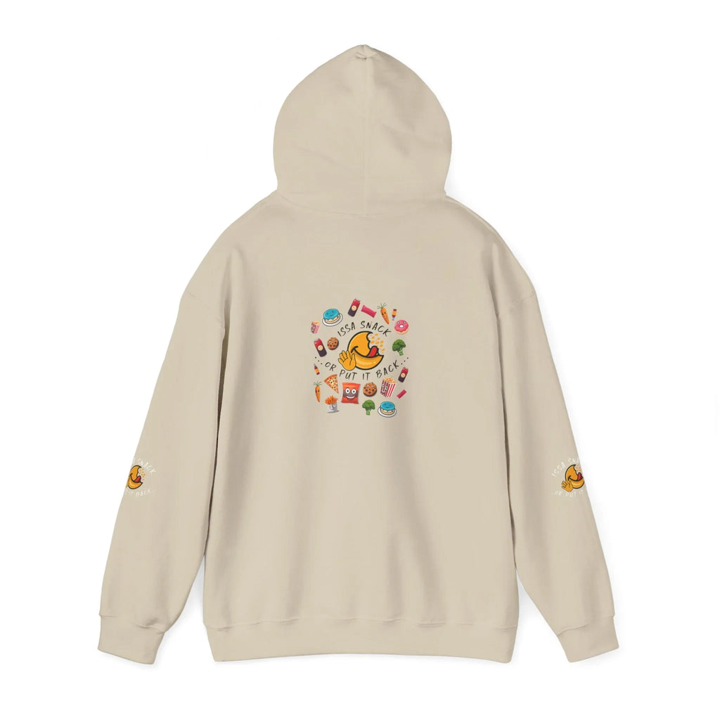 Beige hoodie with colorful snack illustrations and text reading 'Issa Snack Or Put It Back' on the back.