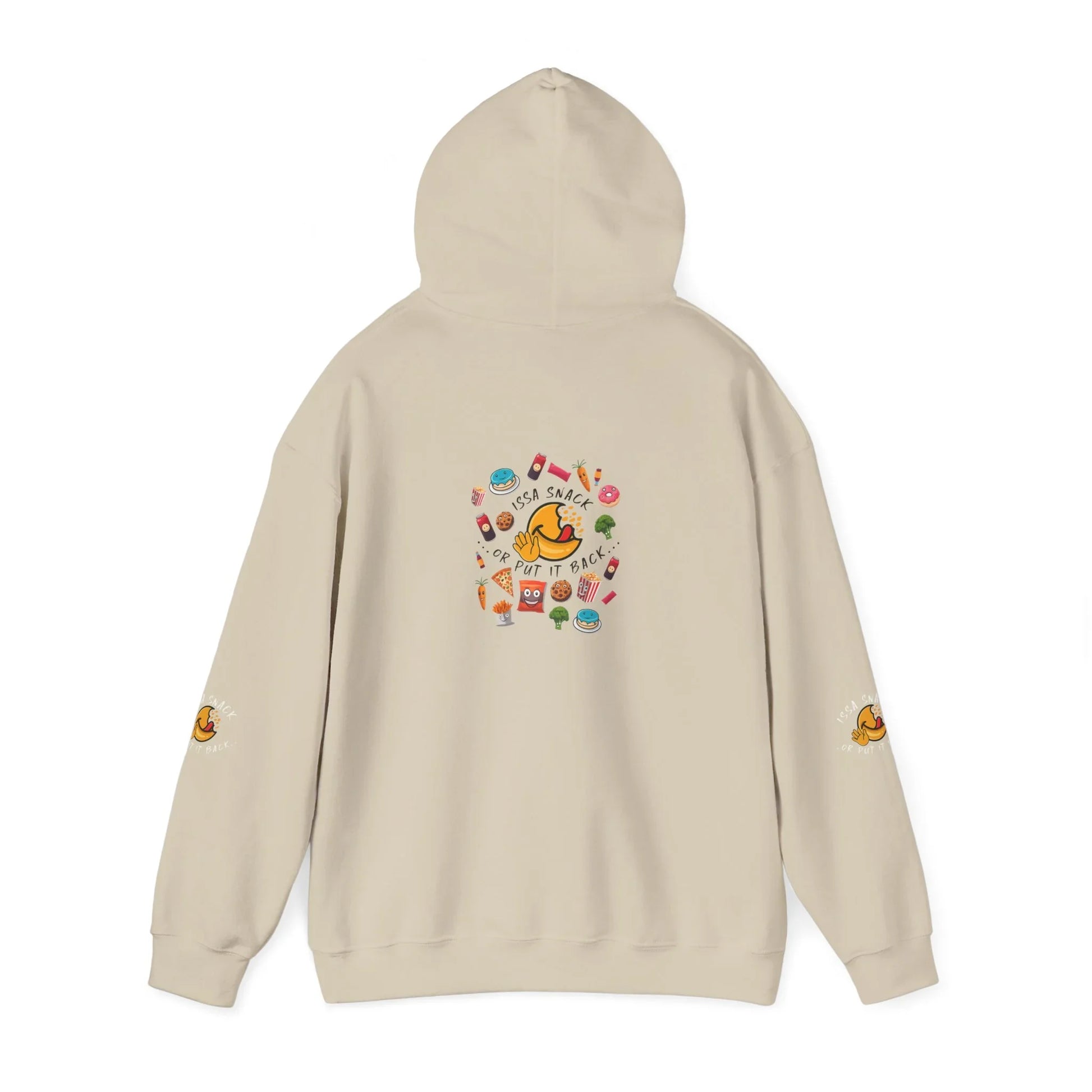 Beige hoodie with colorful snack illustrations and text reading 'Issa Snack Or Put It Back' on the back.