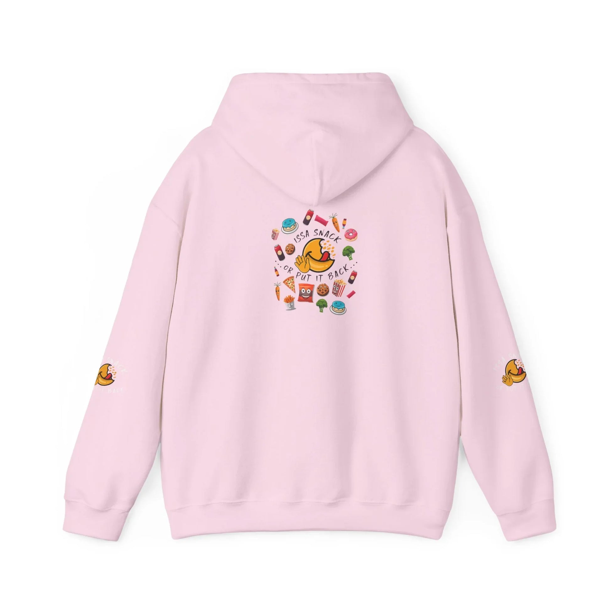 Pink hoodie with cartoon snack graphics and 'Issa Snack or Put It Back' text on back