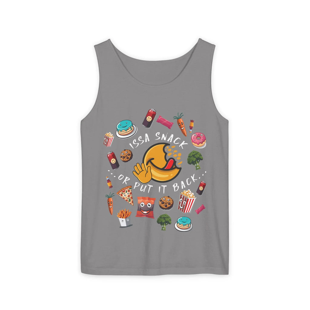 Gray tank top with cartoon snacks, emoji, and 'Issa Snack Or Put It Back' text design.
