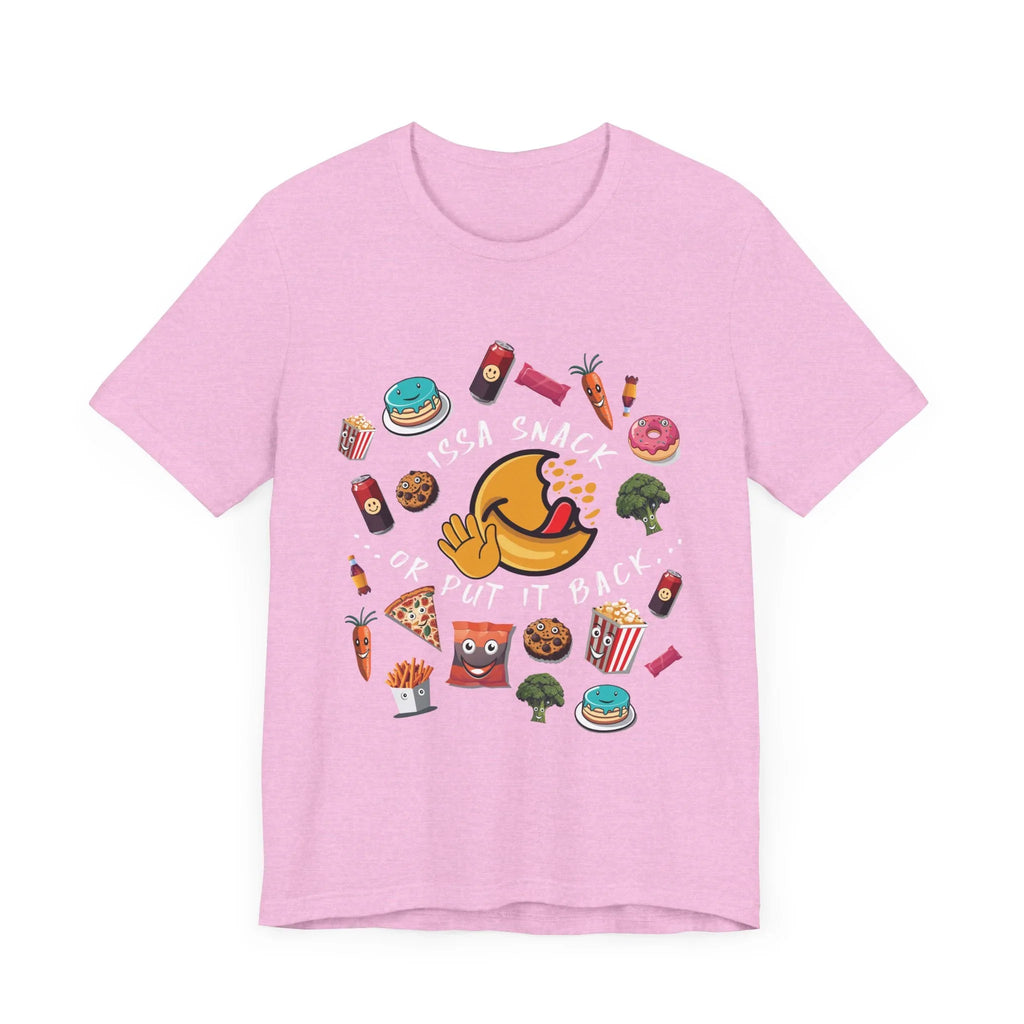 Pink t-shirt with cartoon snacks, emoji face, and 'Issa snack or put it back' text design