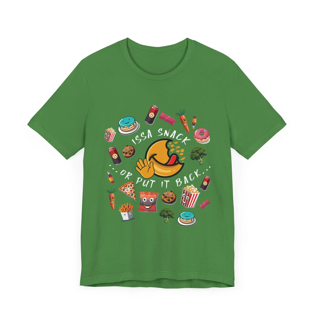 Green t-shirt with cartoon snacks, emoji face, and 'Issa Snack or Put It Back' slogan