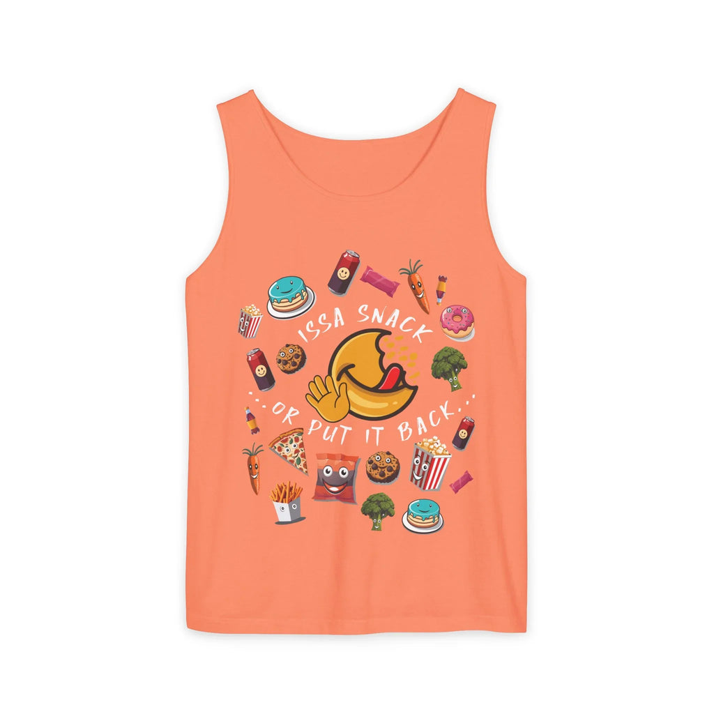 Peach tank top with cartoon snacks and 'Issa snack or put it back' text graphic design