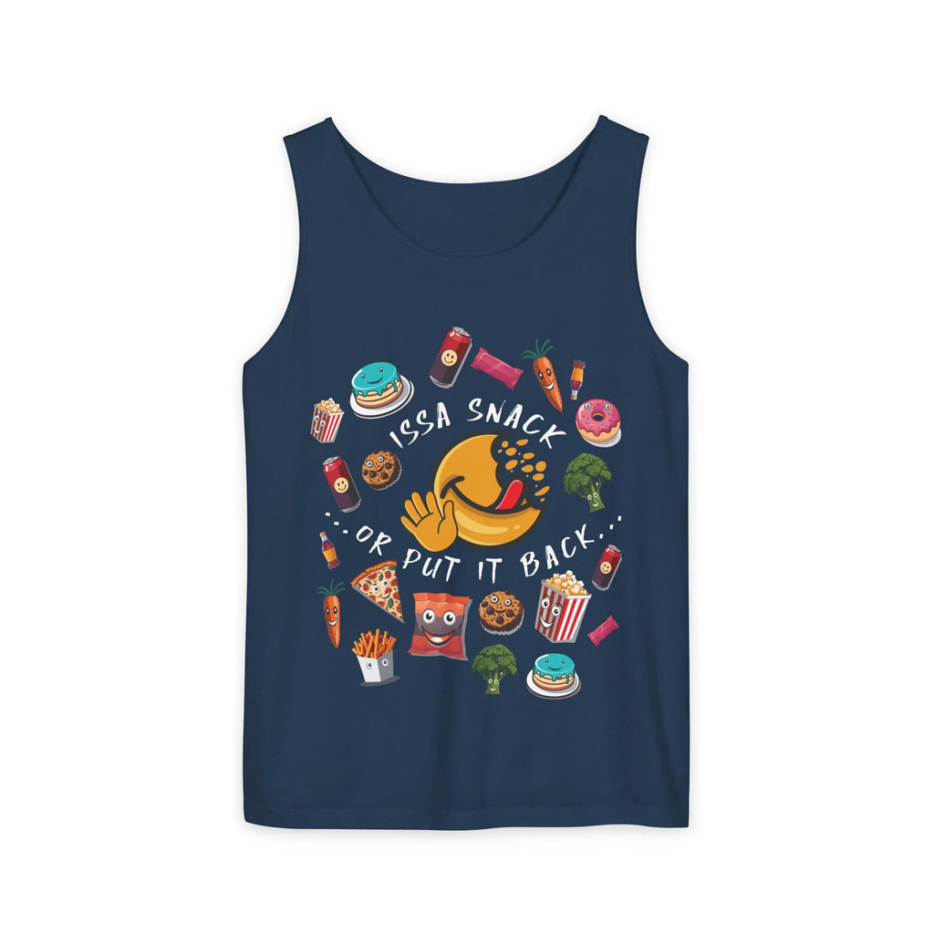 Navy blue tank top with cartoon food graphics and 'Issa Snack or Put It Back' text.