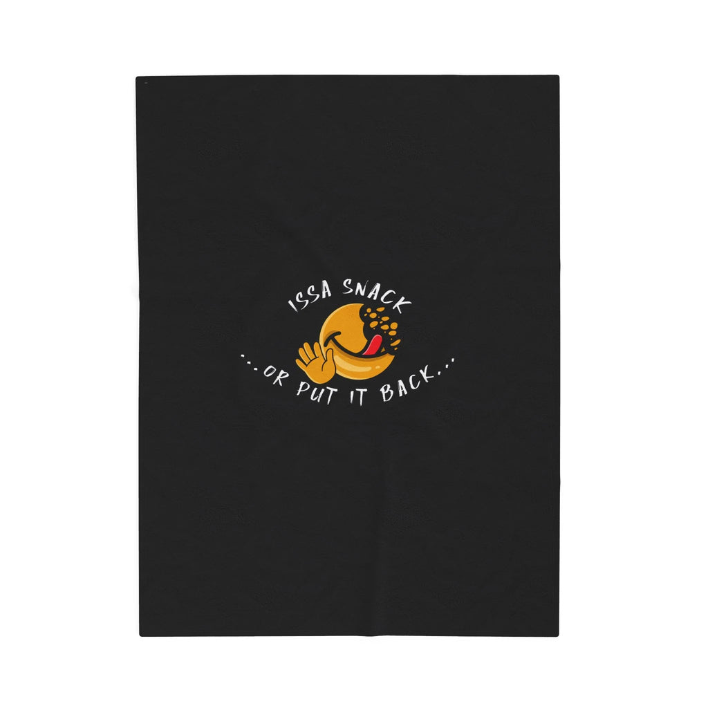 Black towel with yellow smiley face, cookie, and 'Issa Snack or Put It Back' text design.