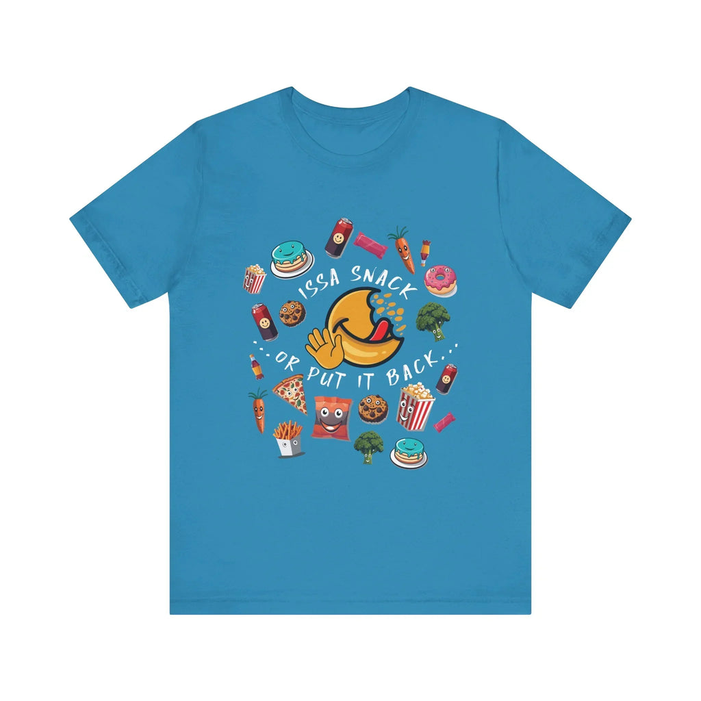Blue t-shirt with cartoon snacks, text 'ISSA SNACK OR PUT IT BACK,' and colorful food graphics.