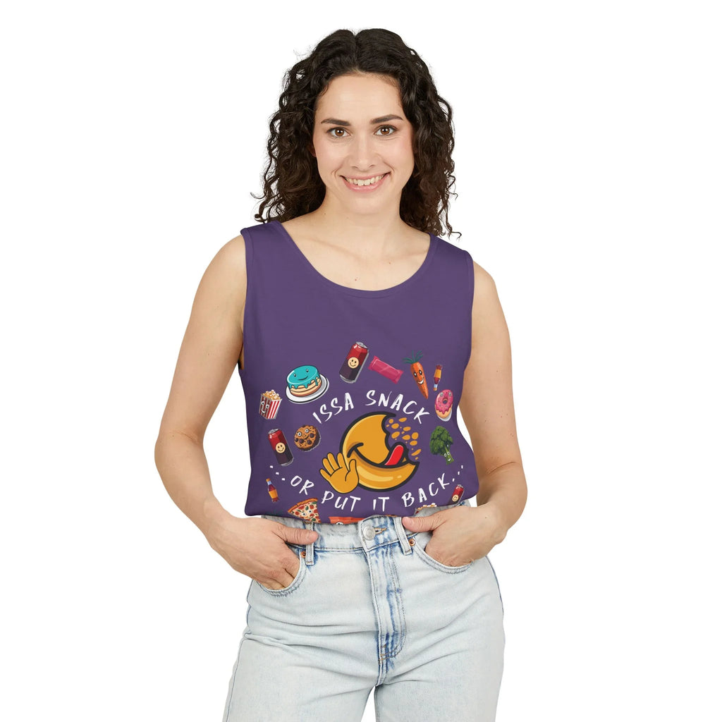 Woman wearing purple tank top with food graphics and text 'Issa Snack or Put It Back'