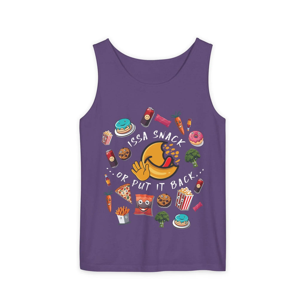 Purple tank top with cartoon snacks, emojis, and text Issa Snack or Put It Back