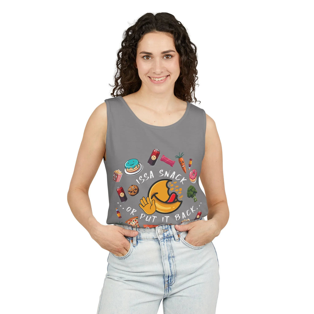 Woman in grey tank top with food cartoon graphics and 'Issa Snack or Put It Back' text