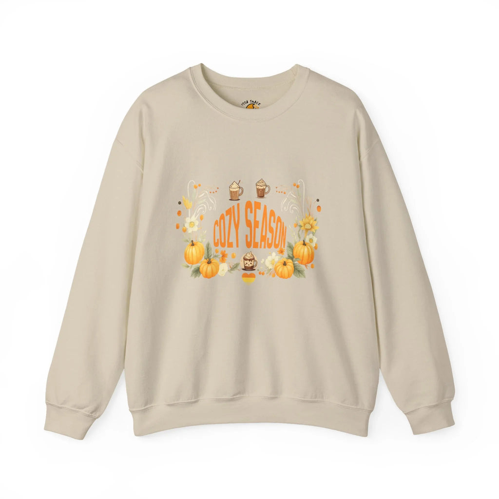 Beige sweatshirt with 'Cozy Season' text, pumpkins, fall flowers, and autumn drink illustrations