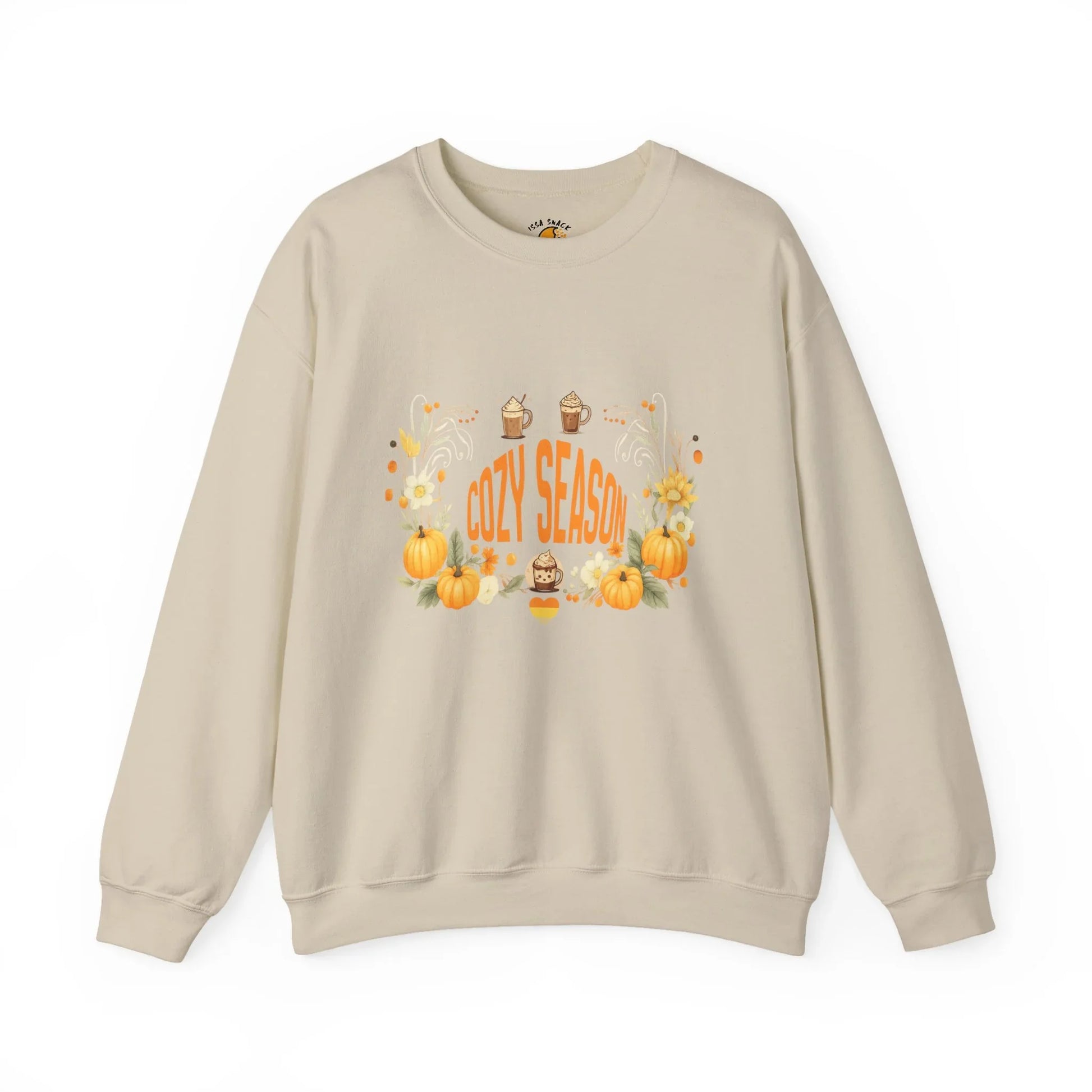 Beige sweatshirt with 'Cozy Season' text, pumpkins, fall flowers, and autumn drink illustrations