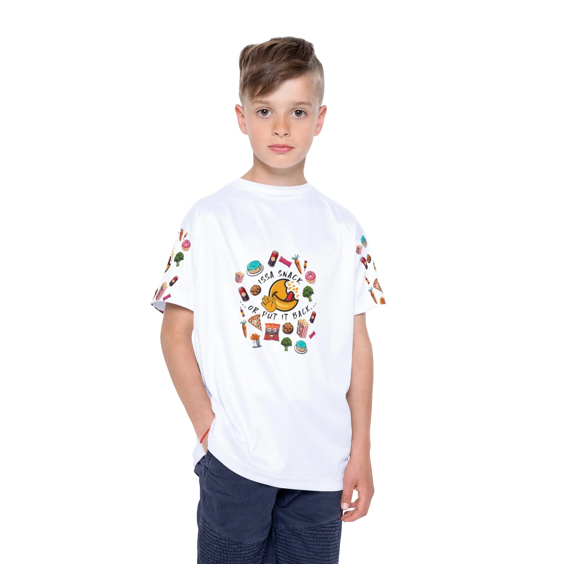Boy in white t-shirt with cartoon snack graphics and 'ESA SNACK OR PUT IT BACK' text