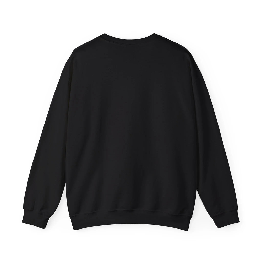 Back view of plain black crewneck sweatshirt on white background