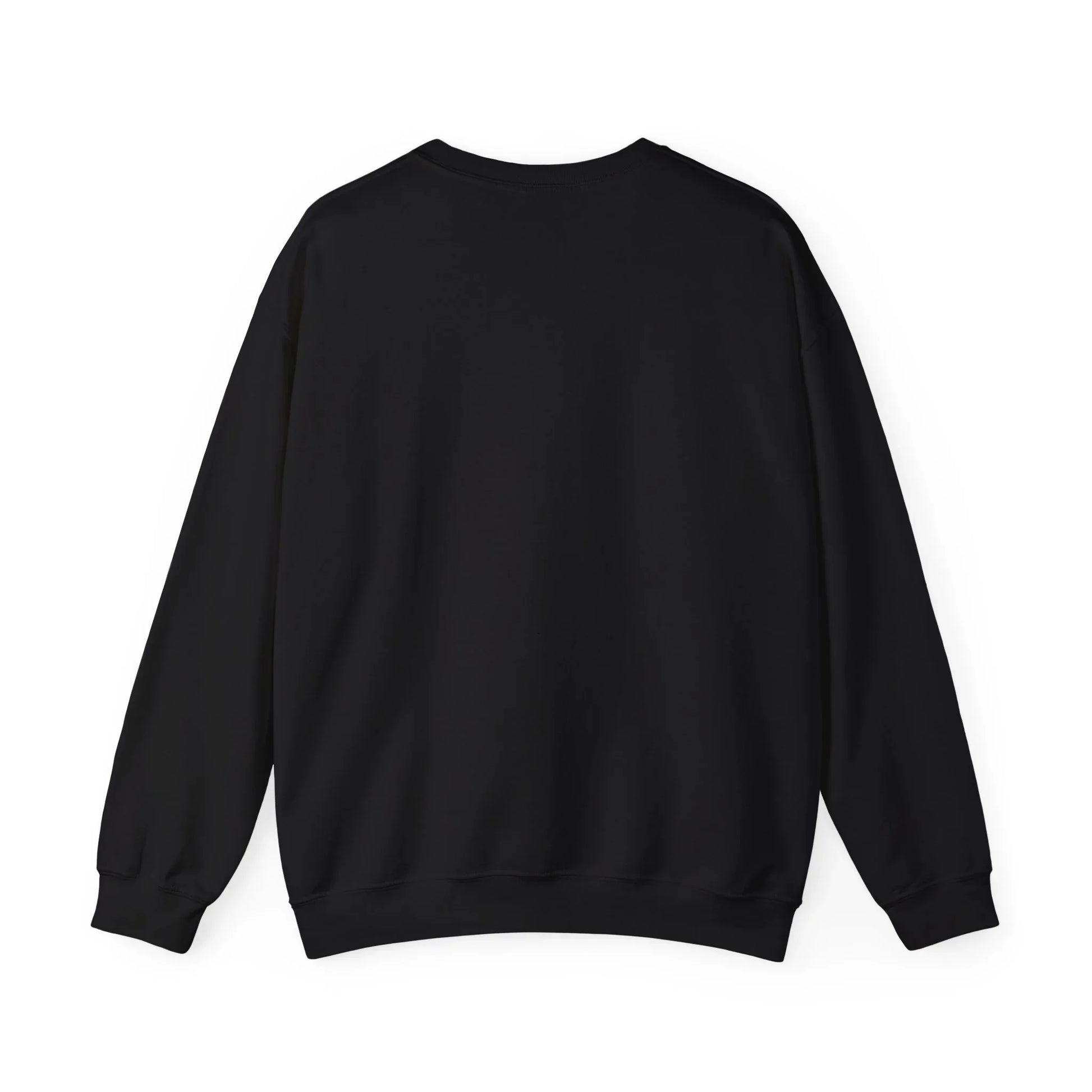 Back view of plain black crewneck sweatshirt on white background