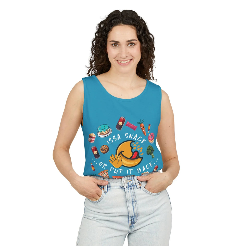 Woman in blue graphic tank top with snack foods and 'Issa Snack or Put It Back' text