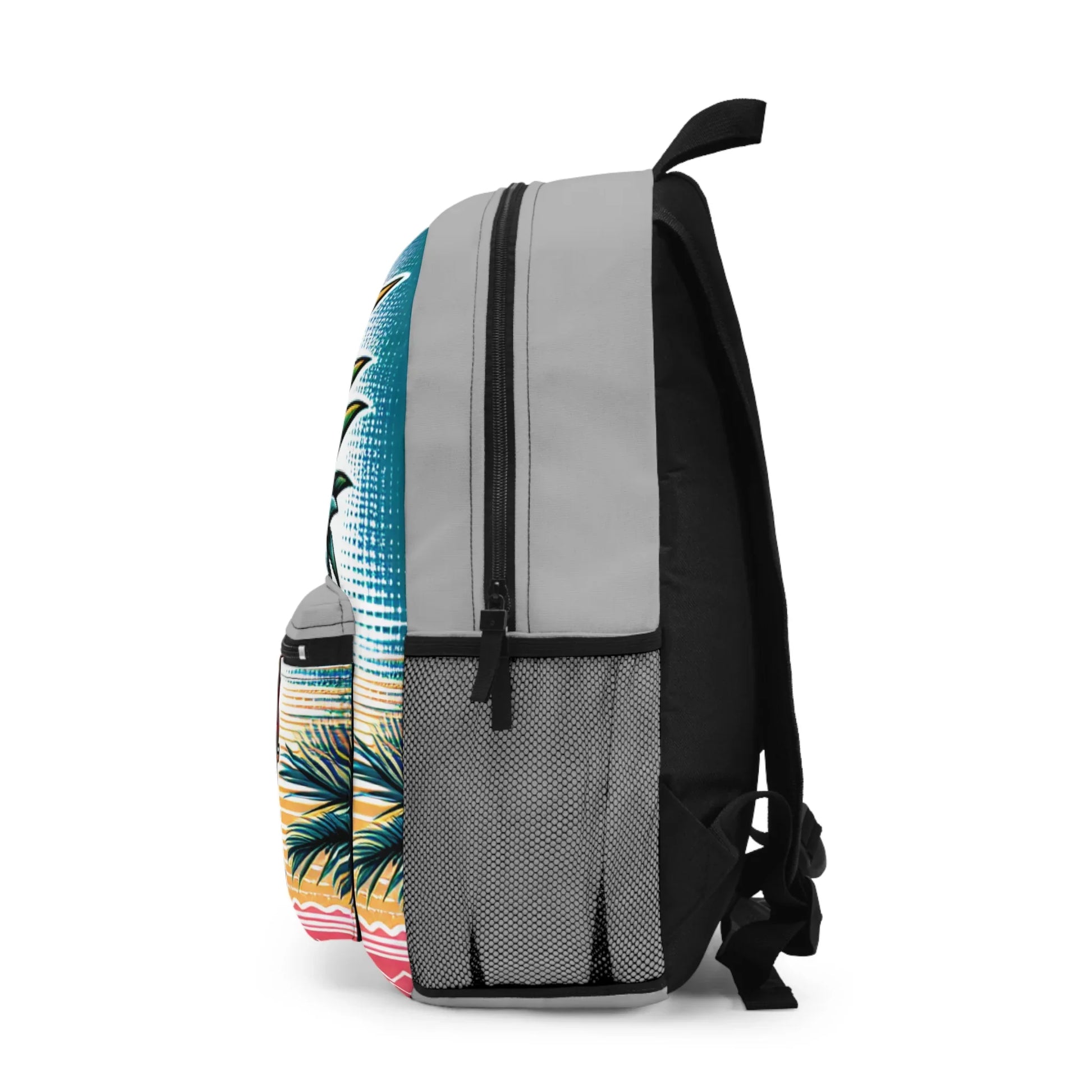 Gray backpack with colorful beach scene, palm tree print, and mesh side pocket